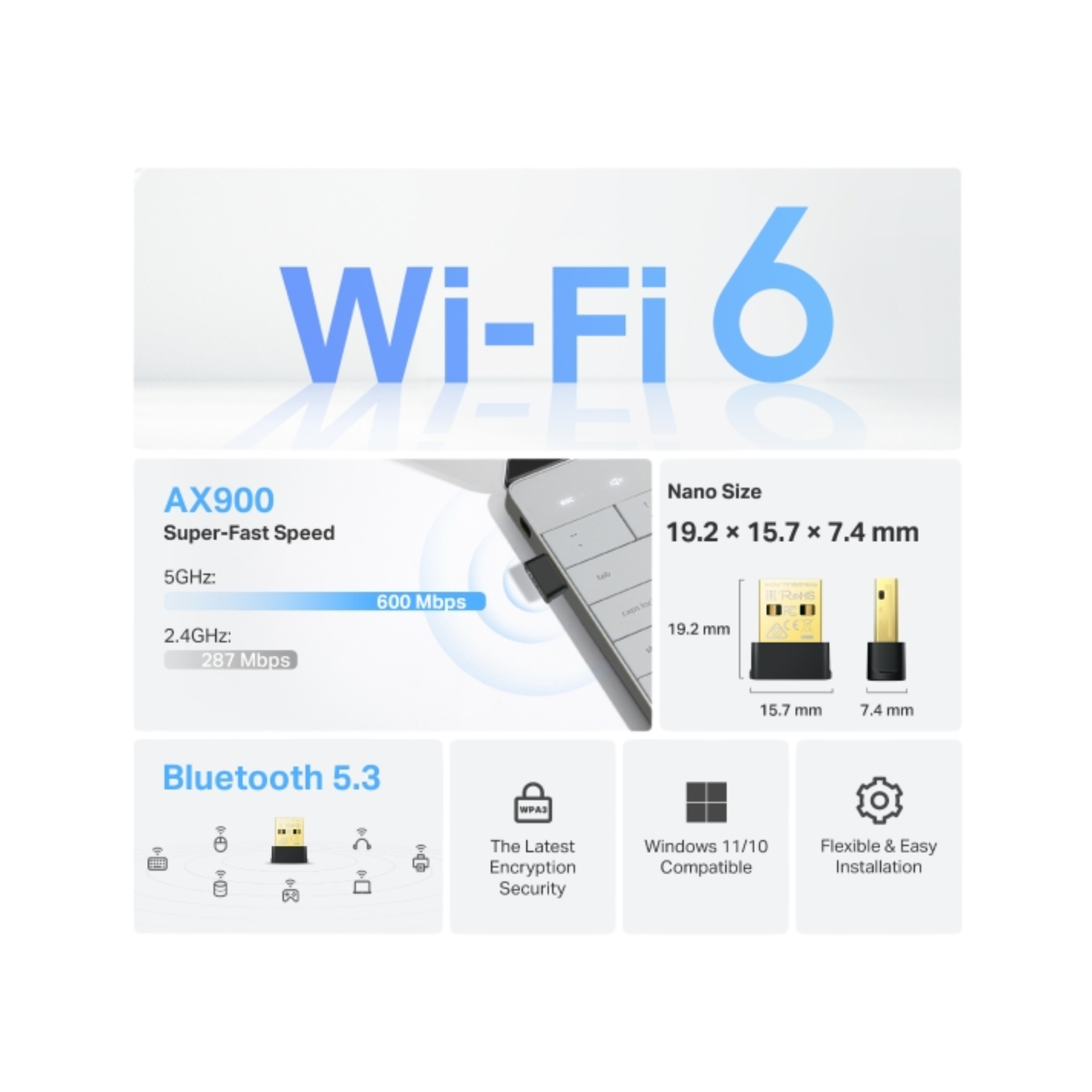Adaptador de red WIFI6/Bluetooth 5.3 TP-LINK USB Nano Archer TX10UB